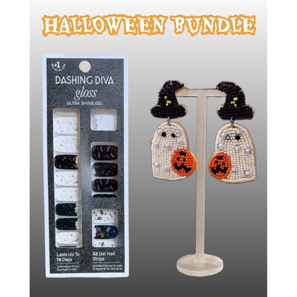 HALLOWEEN🎃BUNDLE Dashing Diva Gloss 32 Gel Nail Strips & Beaded Ghost Earrings